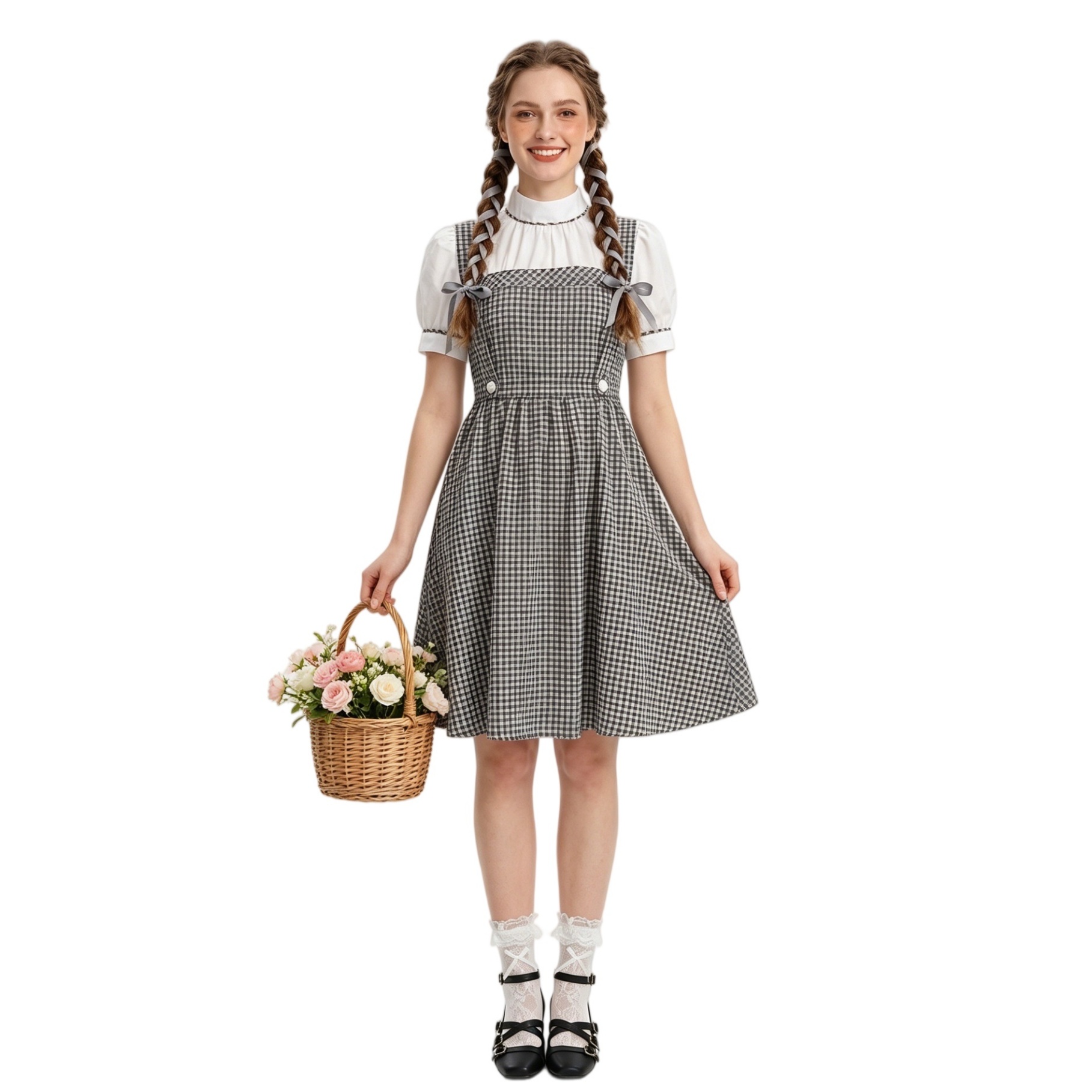 Vintage Gingham Farm Girl Pinafore Dress Halloween Student Cosplay Outfit